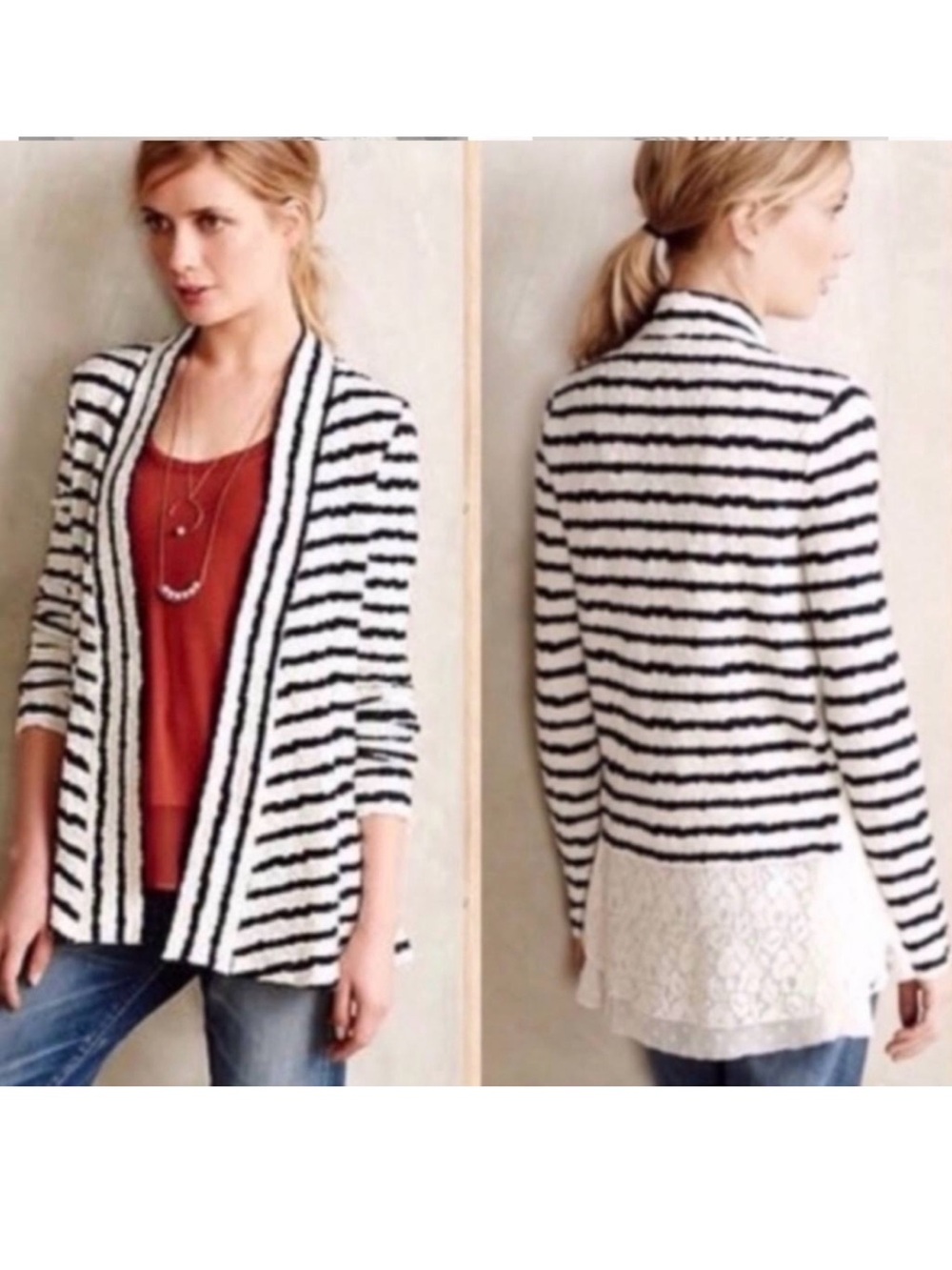 Anthropologie Postmark White Black Stripe Open Cardigan Sweater Lace Hem Small